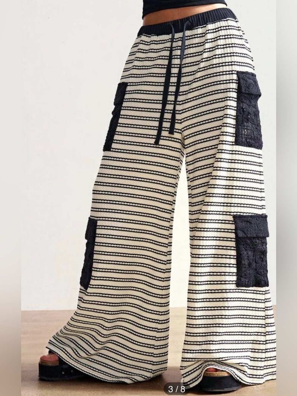 Women Small Boho Striped Wide Leg Cargo Embroidered Lace Pockets Pants Resort
